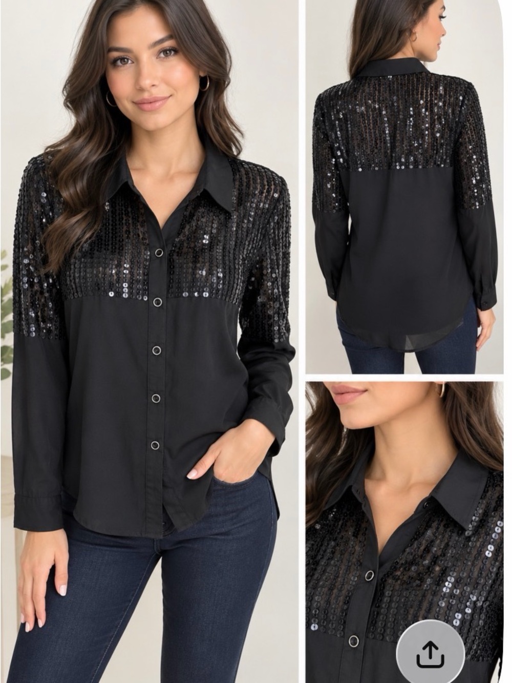 Monoreno Black Sequin Yoke Button-Down Shirt